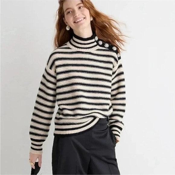 J Crew Mockneck Cable Knit Pullover Sweater In Stripe Jewel Buttons BM301 - Picture 2 of 10